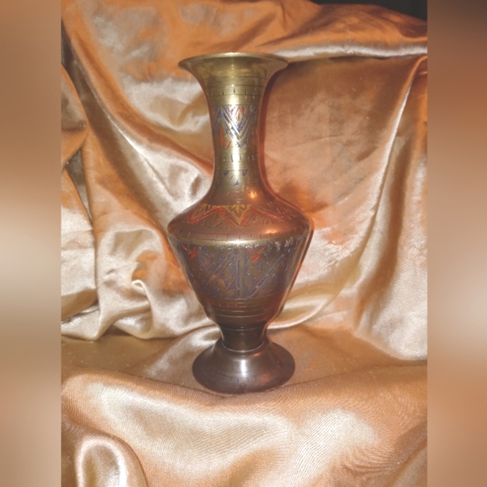 VINTAGE Brass with Red Accents Vase